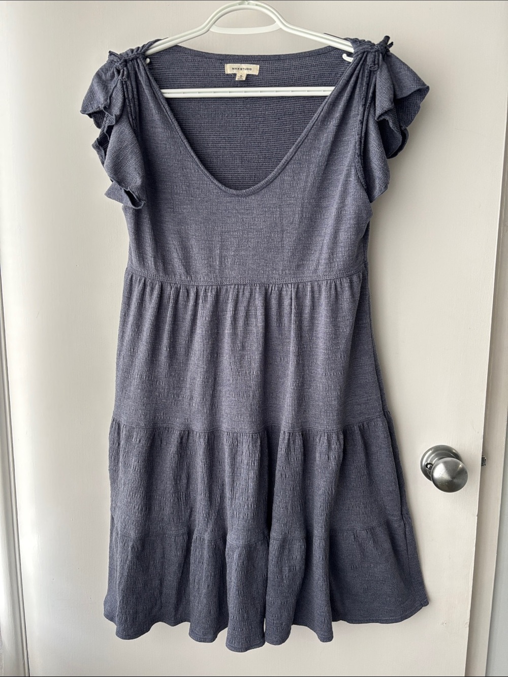 Max Studio Heathered Slate Midi Dress with Ruffle Cap Sleeves